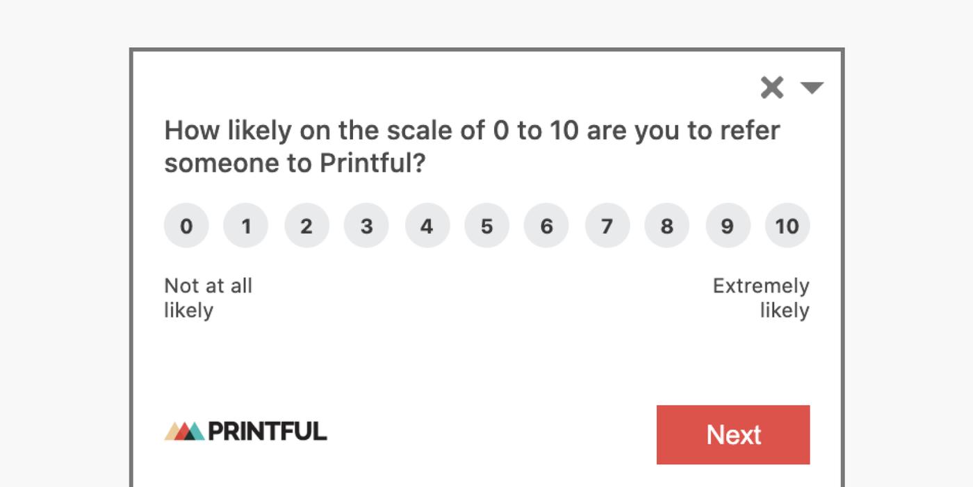 NPS survey on the Printful’s site