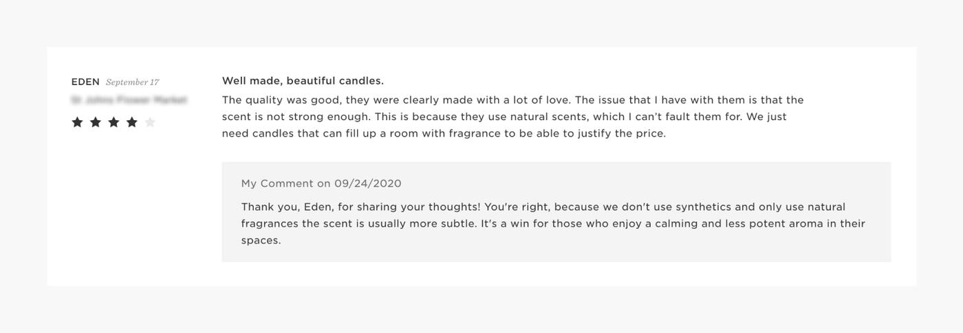 Customer review for the Munio soy wax candles